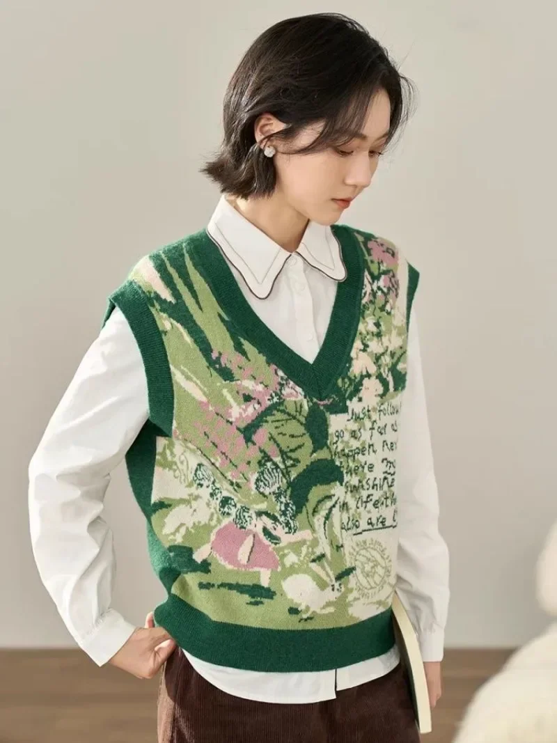 

Lazy Vintage Print Green V-Neck Y2k Sweater Loose Sleeveless Korean Sueter Mujer Elegant Knitted Vests Women Mori Girl Style