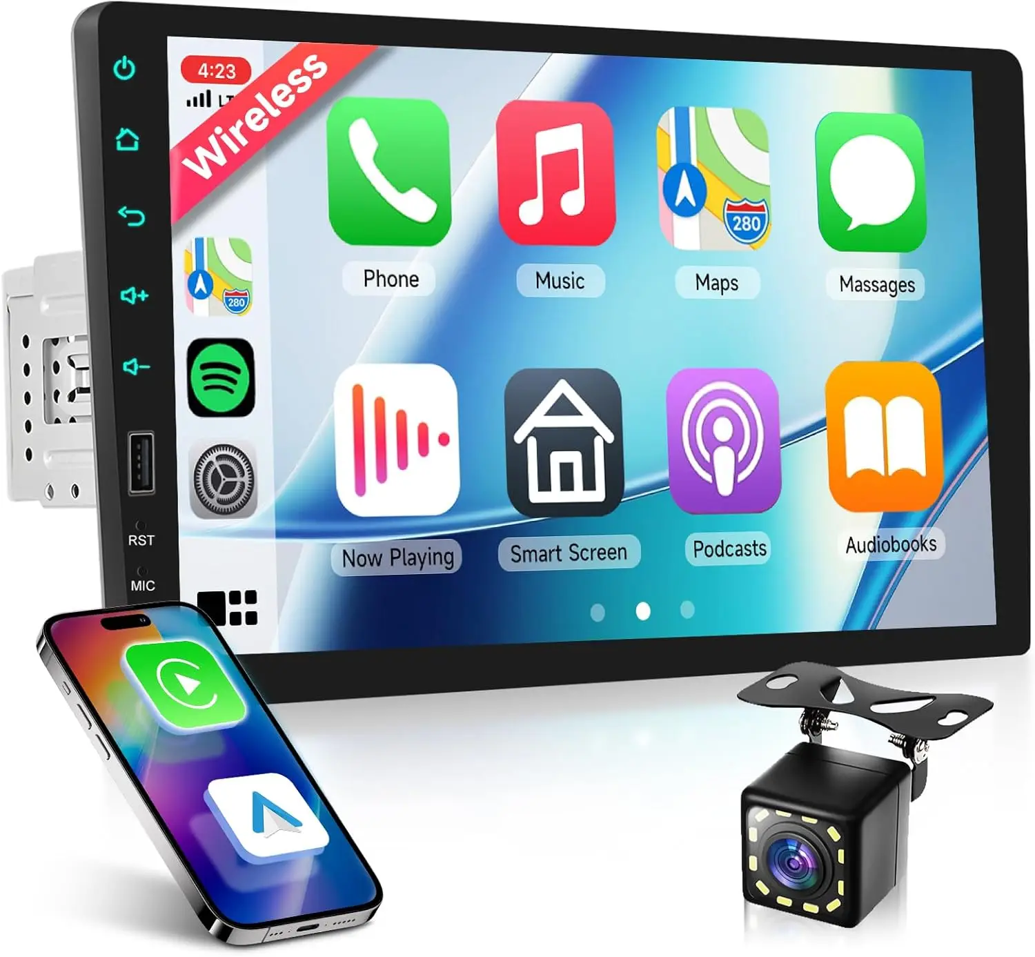 

9-футовая автомобильная стереосистема на один дин с беспроводным CarPlay, Android Auto, Bluetooth, резервная камера, управление рулевым колесом