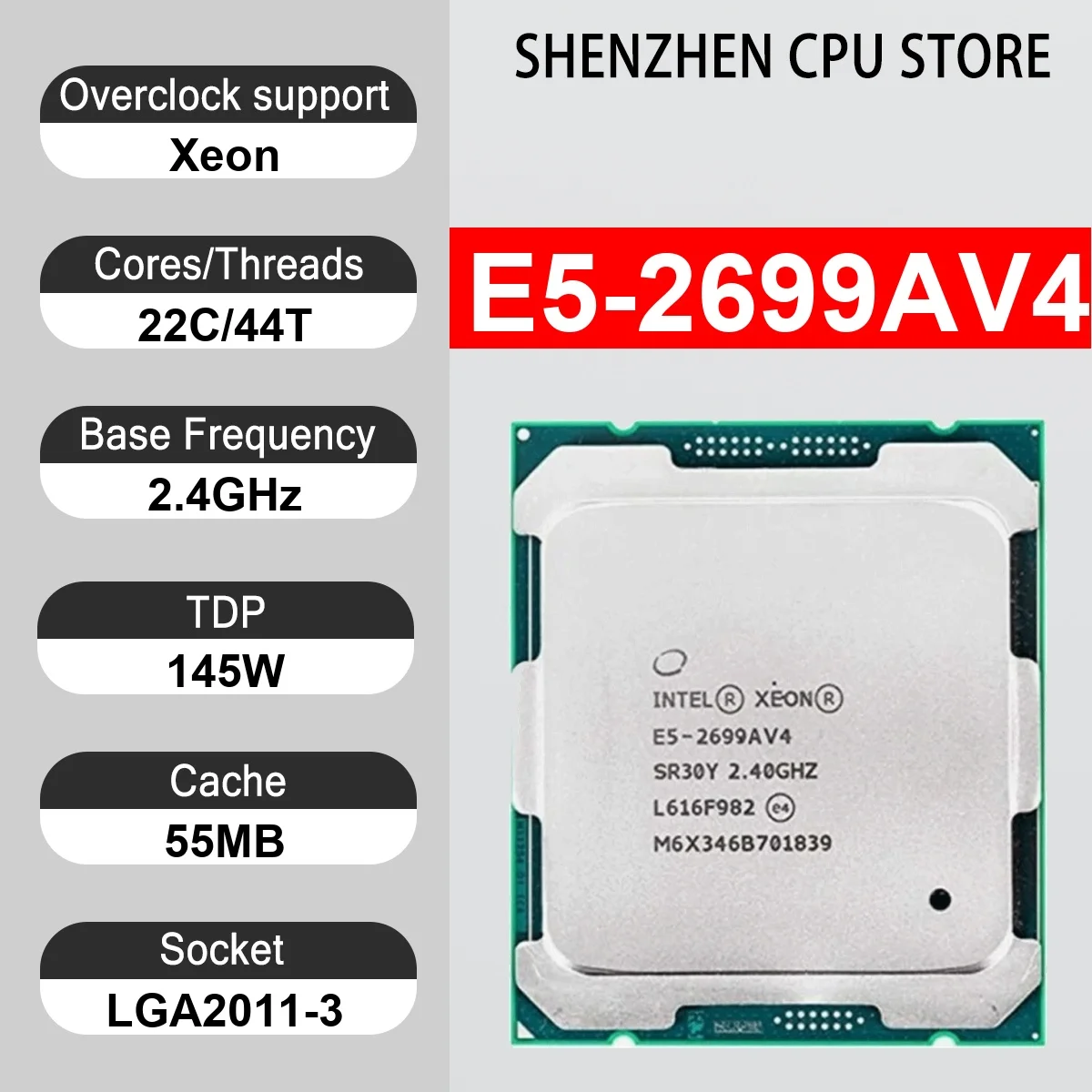 Intel Xeon E5-2699AV4 22 Core 44 Thread 2.4GHz 145W 55MB Cache 14nm LGA2011-3 SR30Y DDR4 1600/1866/2133/2400 MHz Broadwell-EP