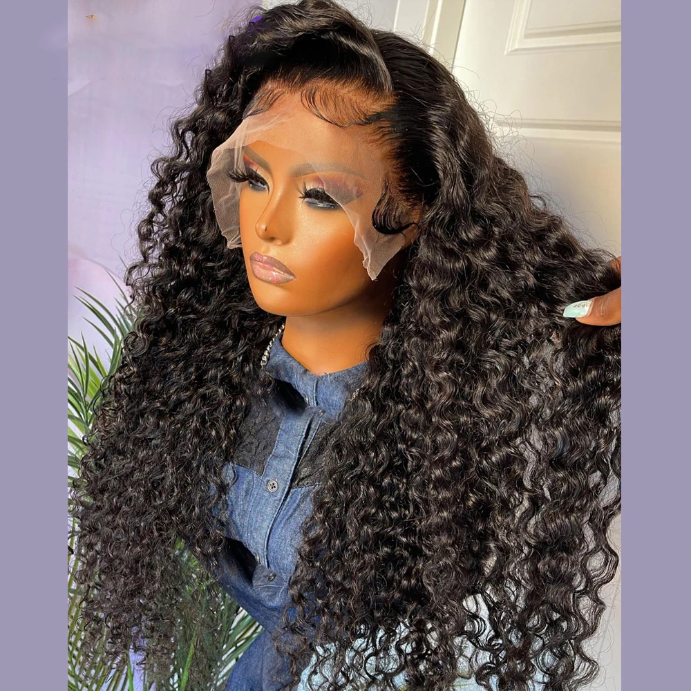 

Preplucked Natural Black 26 Inch Long 180%Density Glueless Kinky Deep Curly Lace Front Wig With BabyHair Heat Temperature Daily