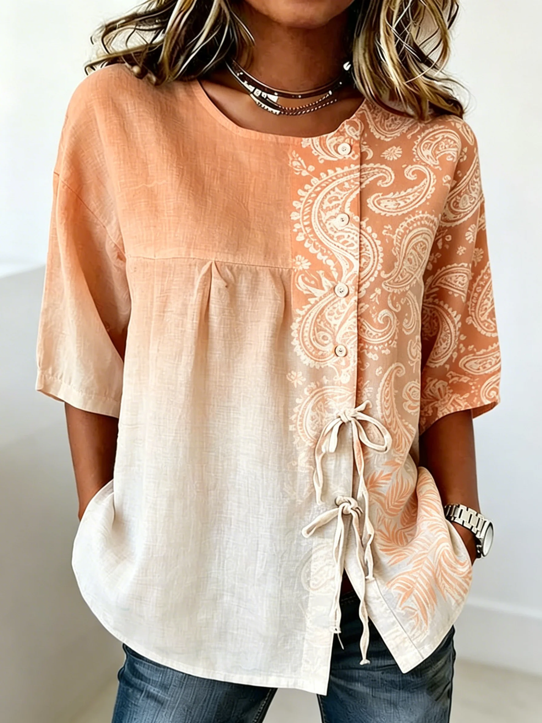 

Women's Orange Ombre Paisley Print Drawstring Button Up Blouse, Casual Round Neck Tops for Spring Summer Daily Vacation Wear