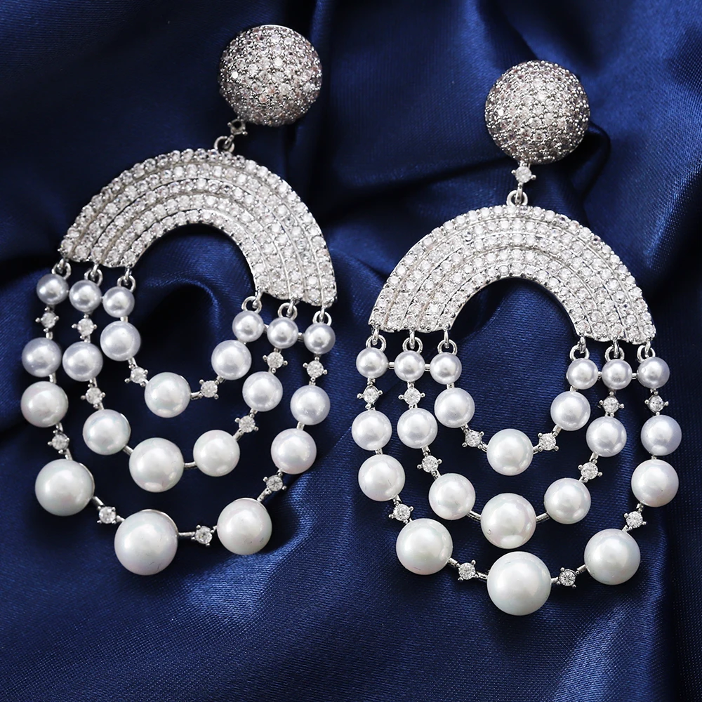 Fashion Drop Earrings Women's Wedding Party Cubic Zircon Earrings Brazilian Style Mock Pearls Luxury Jewelry