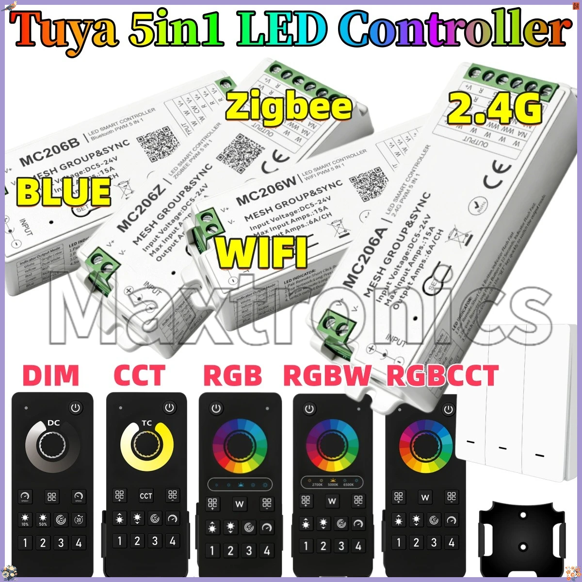 

Контроллер Tuya 5-в-1 для LED-лент: умный диммер с кнопкой, 2.4G/Bluetooth/Wi-Fi/Zigbee, совместим с Alexa, для светодиодных лент Dim/RGB/CCT/RGBW/RGBCW