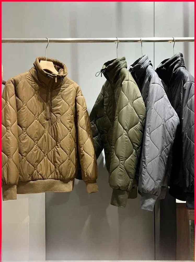 

Warm Cotton Jacket with Stand Collar Pattern Stitching Half Zip Design Thickened Winter Outerwear for Youth Casual Wear