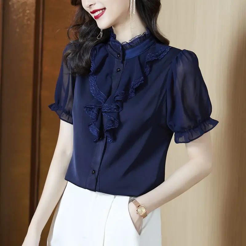 Noble Fashion Solid Color Ruffles Single-breasted Blouse Women Classic Transparent Short Sleeve Office Lady Chiffon Shirt