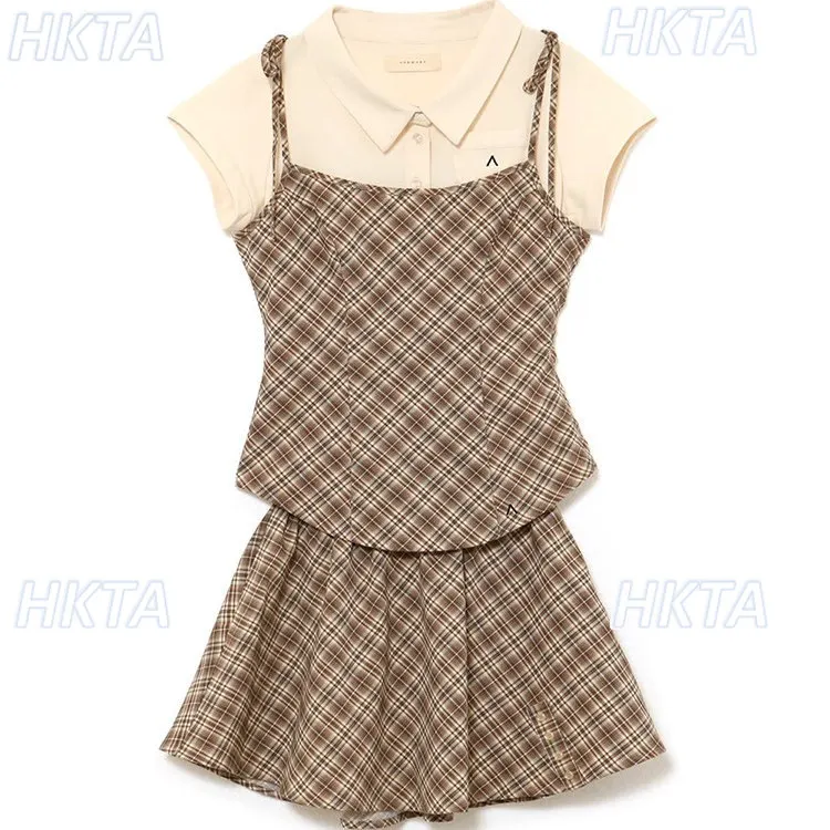 

Japanese Style Sweet Retro Short Sleeved Lapel Shirts Inner Slim Plaid Suspender Pleated Mini Skirt Girl Three Pieces Sets Women