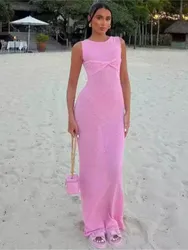 Summer Beach Knit Maxi Dresses For Women Cover-Up Pink Sleeveless Twist Sundress Knitwear See-through Maxi Bodycon Dress New