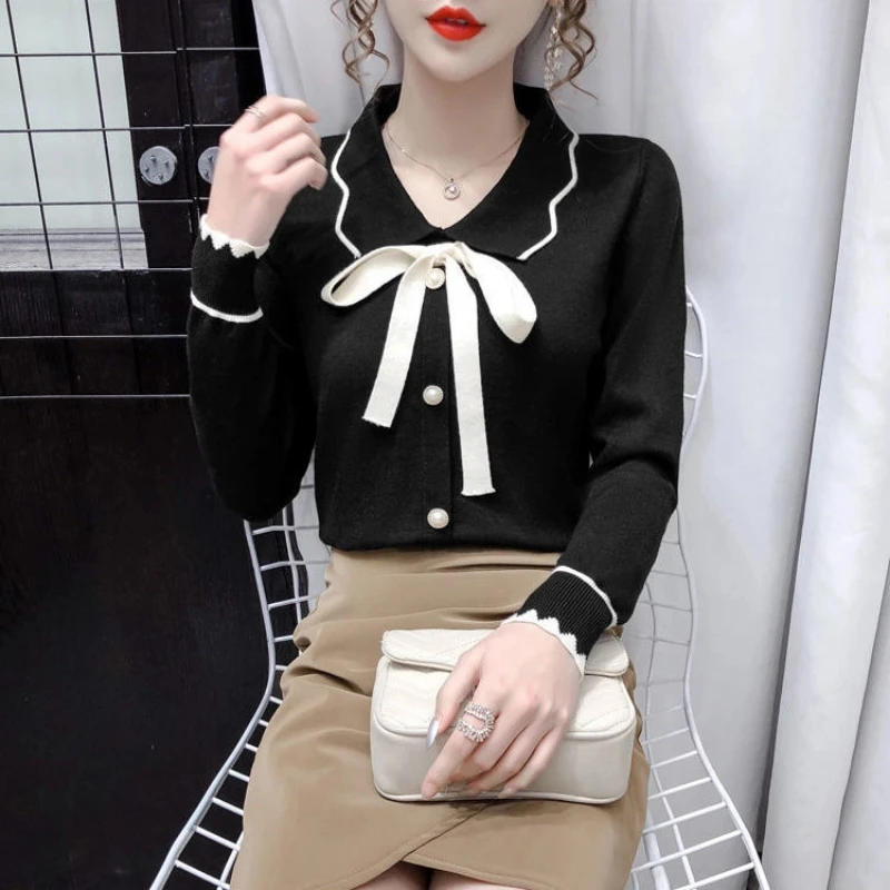 Spring Autumn Bow Patchwork Elegant Sweaters Long Sleeve All-match Youth Knitting Pullovers Top Korean Fashion Women Clothing