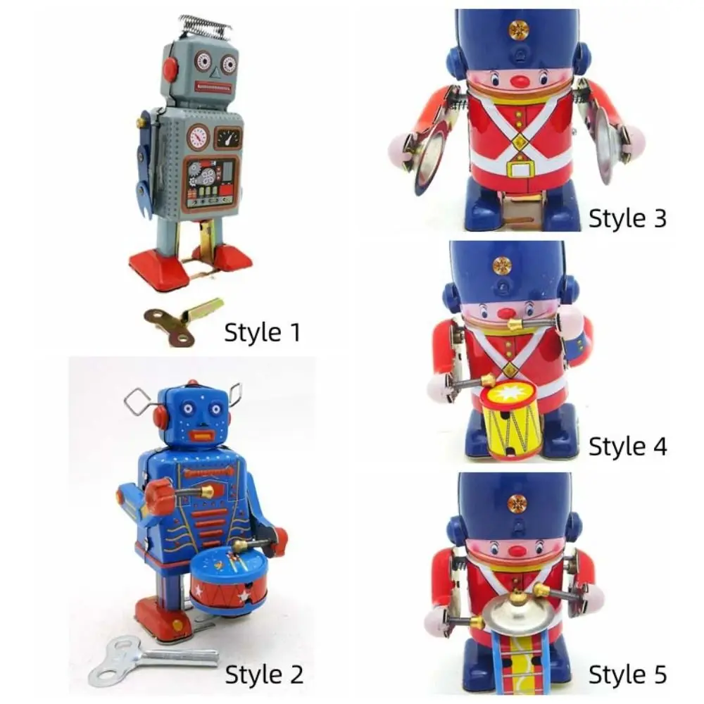 Robot bębniący Nakręcany chodzący robot Żelazne metalowe figurki do zabawy Zegarkowa zabawka do chodzenia w stylu retro Zabawna zabawa