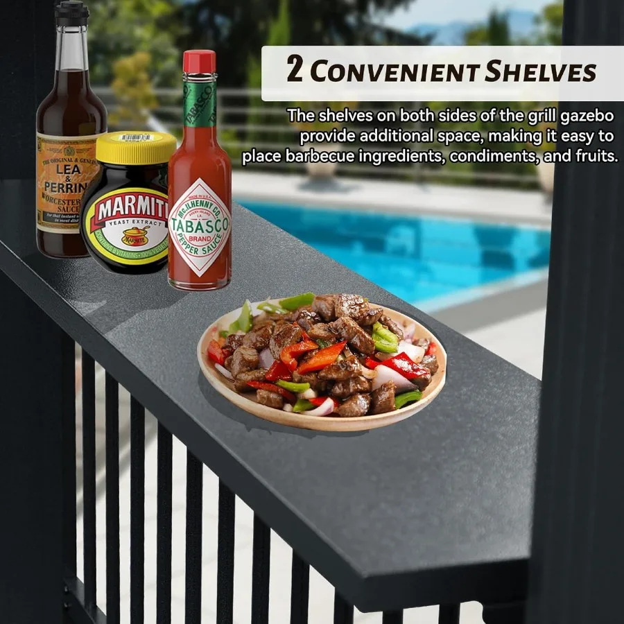 شرفة شواء صلبة 6.5 × 12 قدم شرفة شواء خارجية مع رفين جانبيين وسقف فولاذي مجلفن منحدر شواية معدنية دائمة Ca