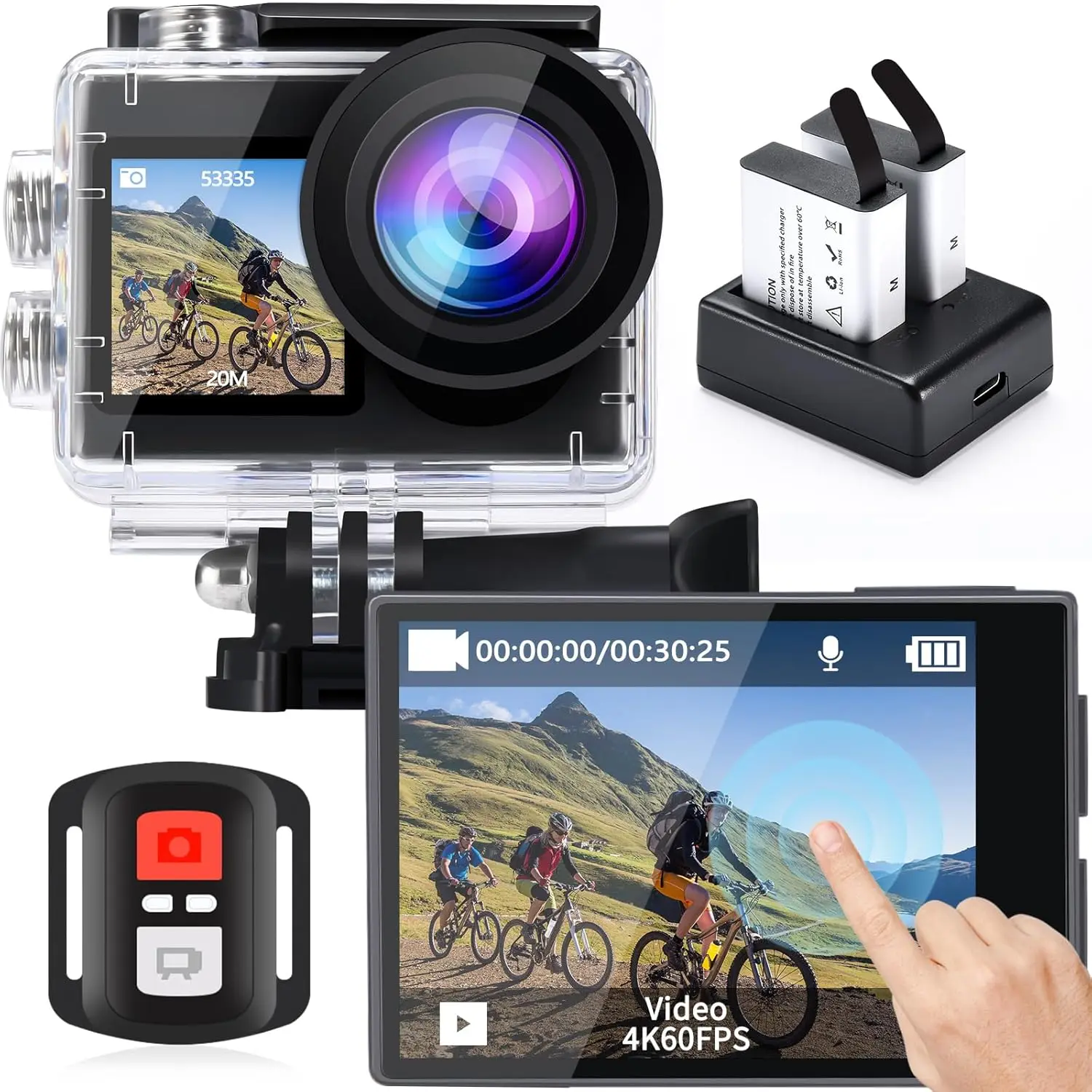 

4K Action Camera 20MP 5X Zoom 60fps with EIS, WiFi Remote Control, Waterproof Underwater Camera for Snorkeling Cycling Vlogging