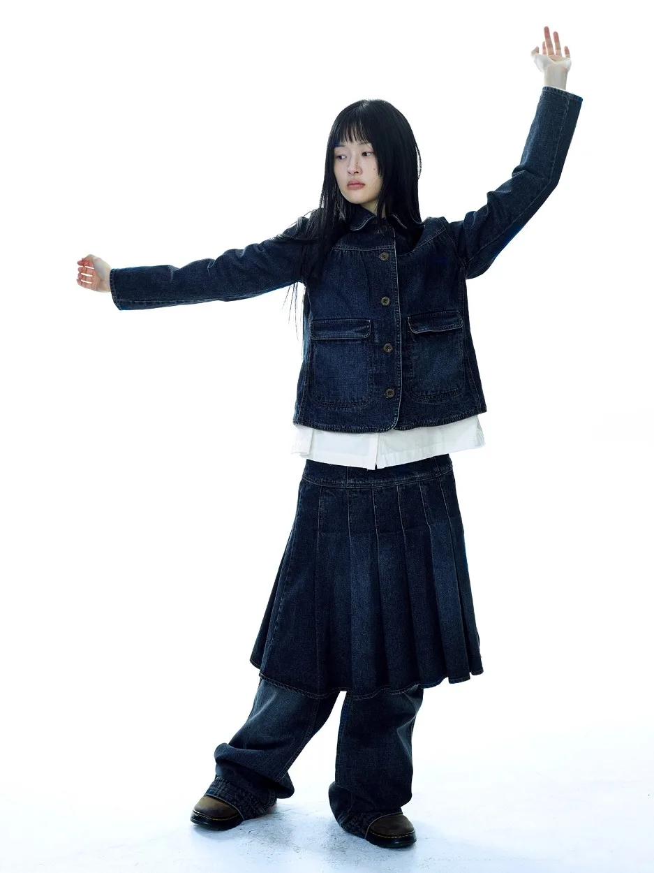 Retro Japanse Sle Waed Denim Jaet plooirok Casual broek Button-up irt Long Sve Cotton Regular Fit