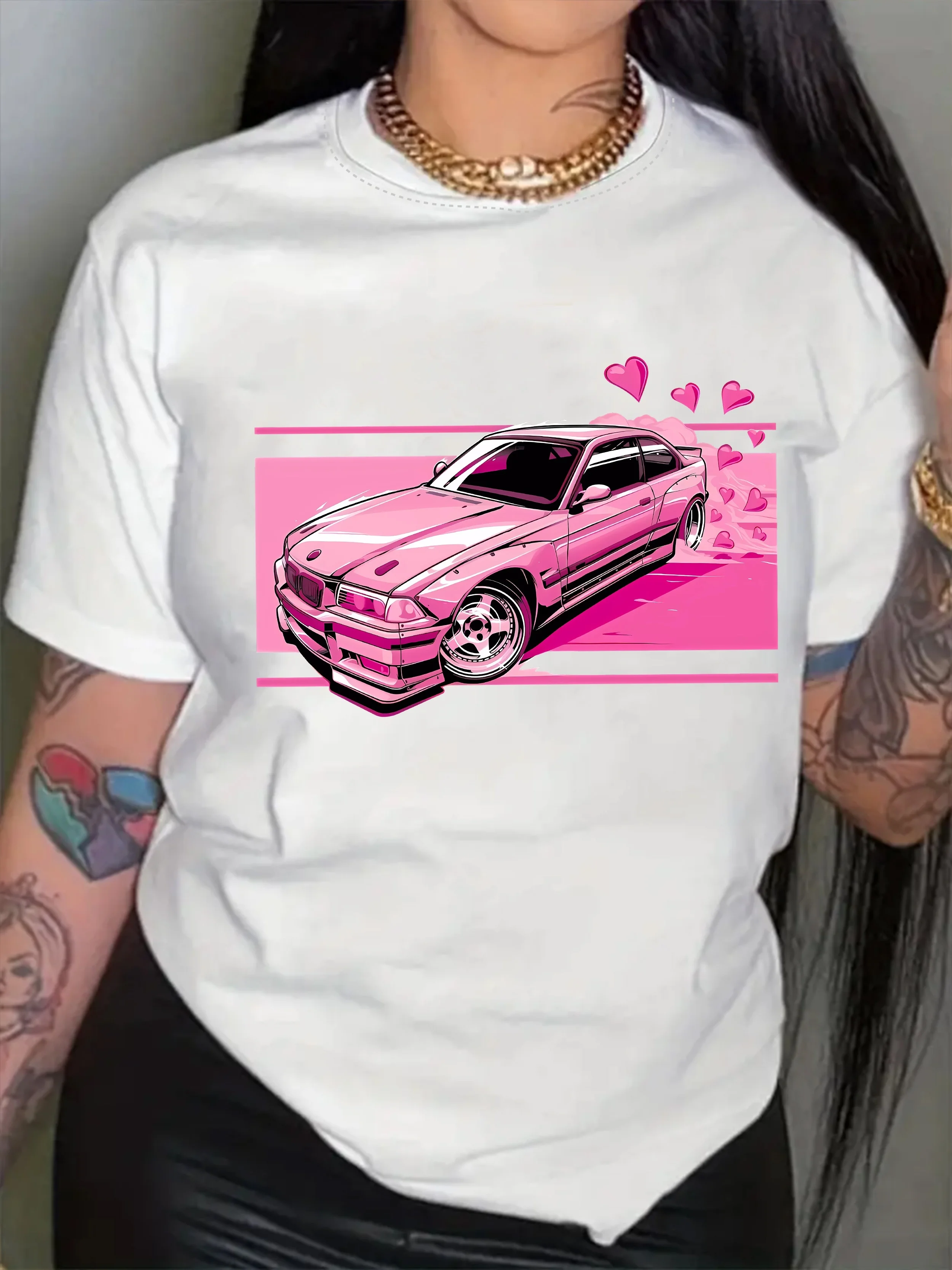 

Женская розовая футболка с рисунком автомобиля в стиле ретро — винтажный дизайн Muscle Car с сердечками, одежда в стиле Харадзюку, уличная эстетичная одежда
