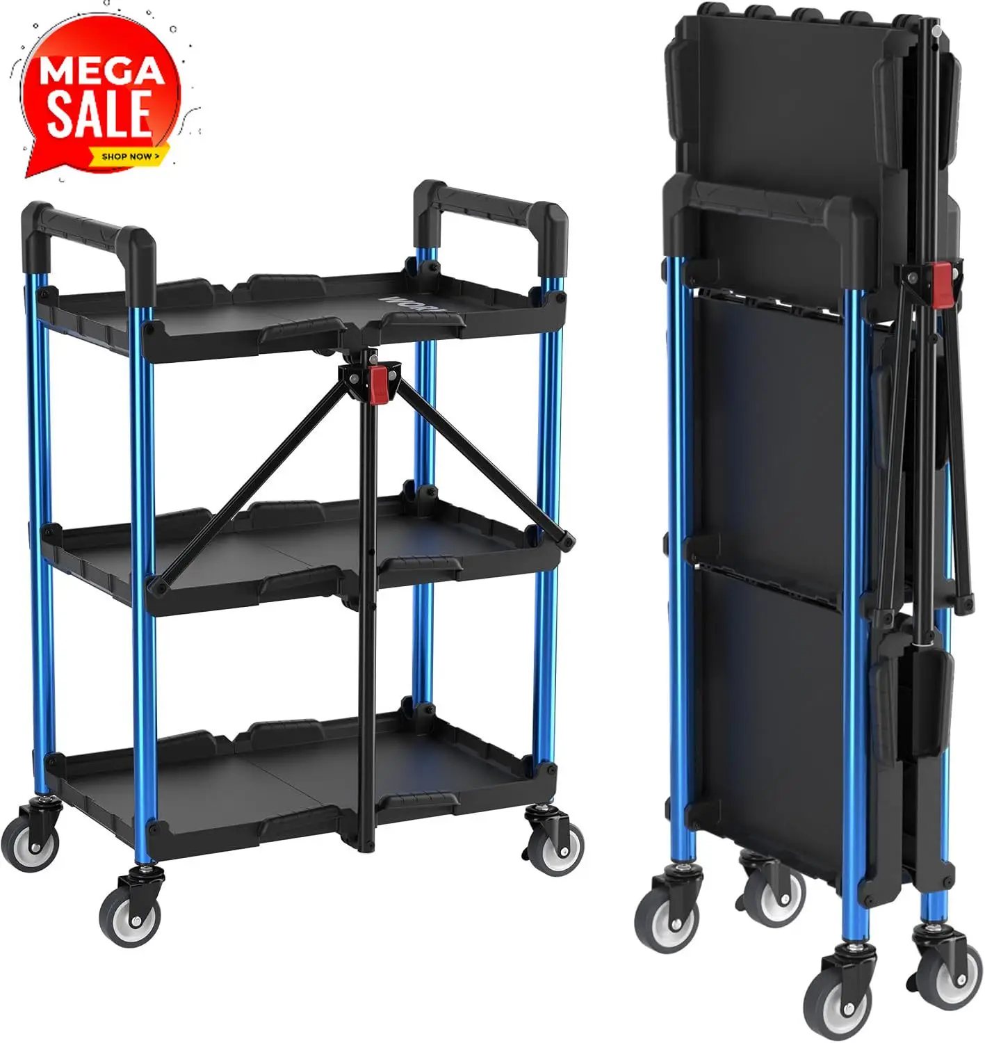 3-Tier Collapsible Utility Cart, 210 LBS Cart with Wheels | No Assembly Required, Foldable Service Cart with Spacious Shelves
