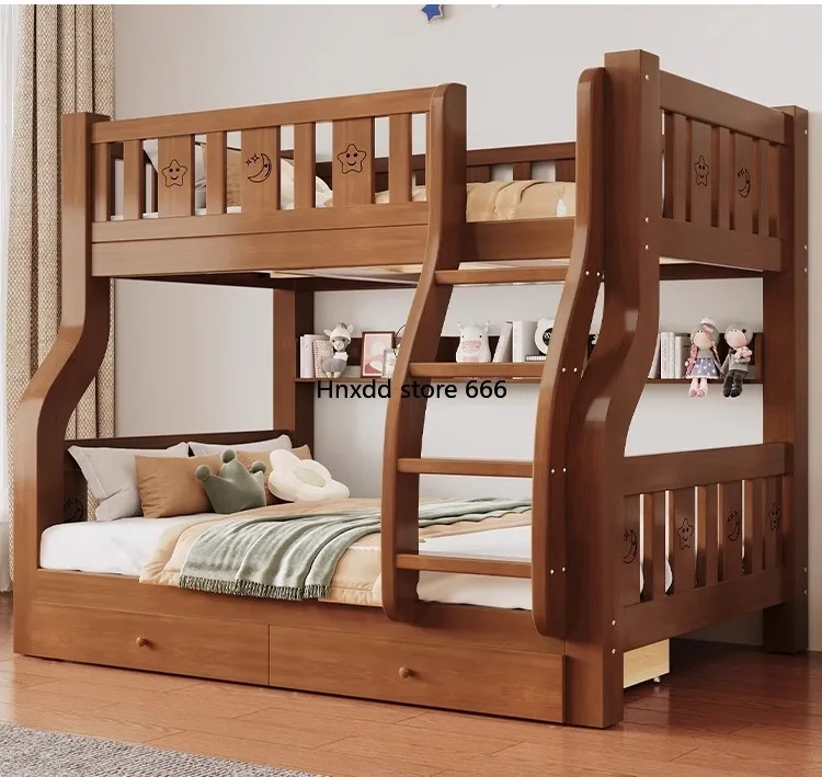 All solid wood double-layer upper and lower beds, multi-functional, high and low two-layer upper and lower bunks