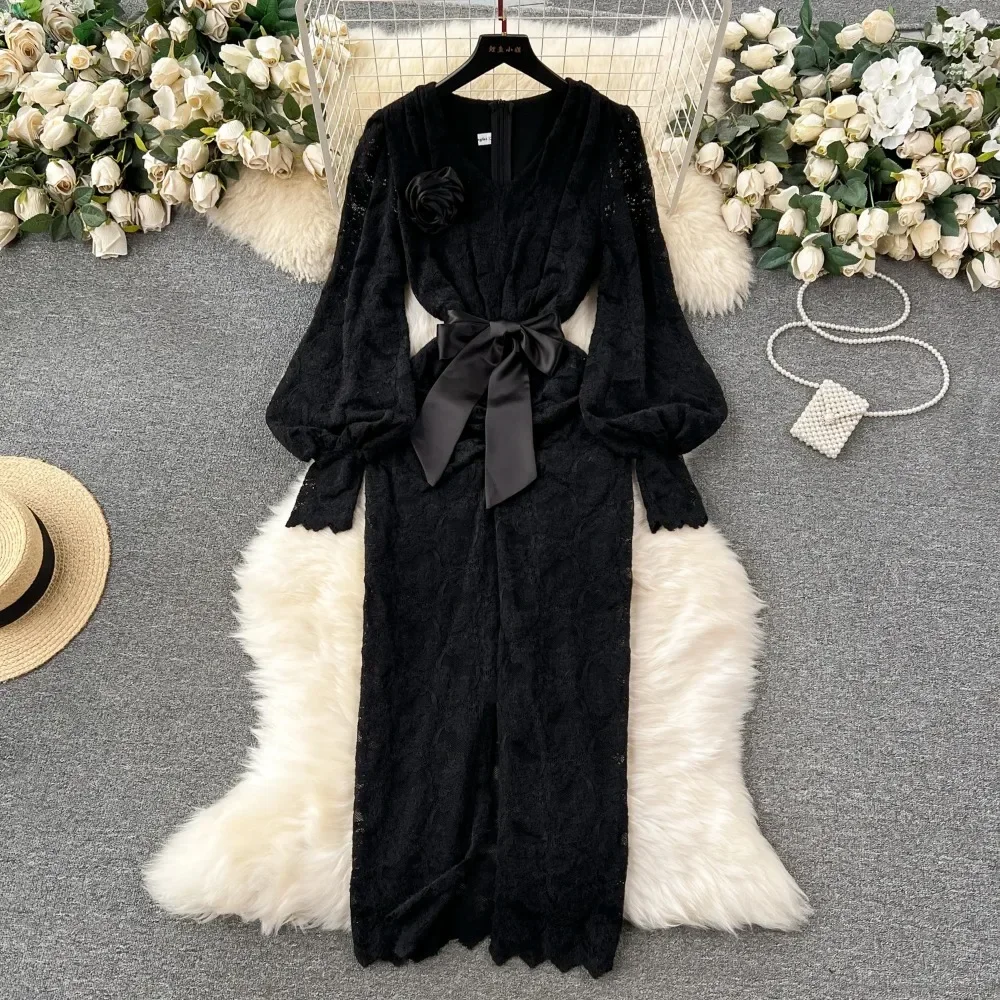 

Women Elegant Three-dimensional Flower Lace V Neck Long Sleeve Dress Sexy Fashion Vestidos Slim Hip Wrap Dress