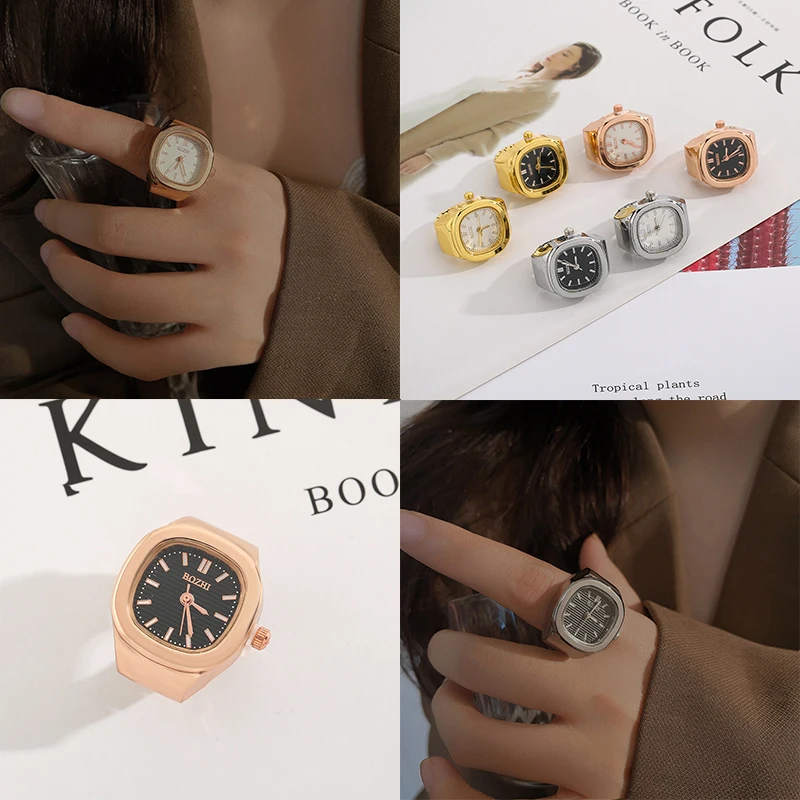 Kiss Jewelry Fashion Simple Square Dial Quartz Watches Rings Women Men Vintage Elastic Strap Alloy Clock Watch Ring Accessories
