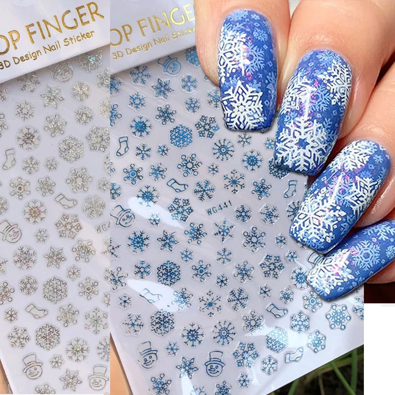 

3d Nail Art Decals Winter Xmas Laser Blue Silver Snowflakes Christmas SnowmanNail Stickers Decoration For Nail Tips Beauty