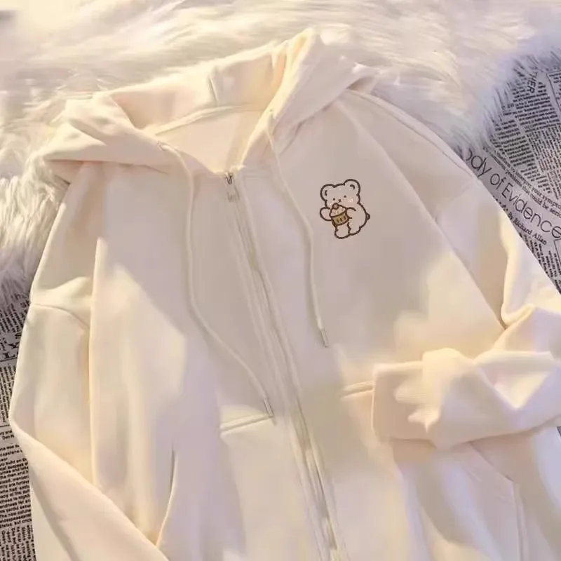 

Large Size 300 Pounds Korean Style Cute Bear Print Hoodie Zipper Casual Outerwear for Men And Women Autumn Winter Leisure