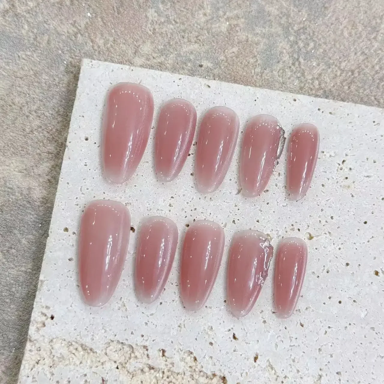 10Pcs Handmade Press on Nails Full Cover Cat Eye Decorations Summer French Almond Nude Pink False Nails Manicure Nail Tips Art