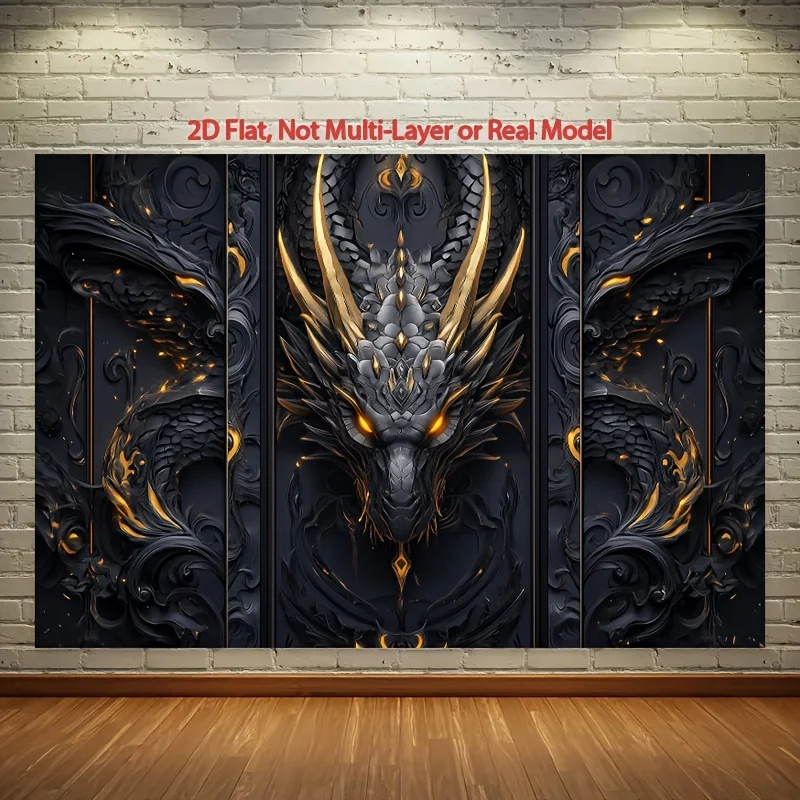 1pc,Black Gold Dragon Head Ornate Pattern Tapestry Mythical Creature Wall Art Game Room Decor Majestic Beast Background Print