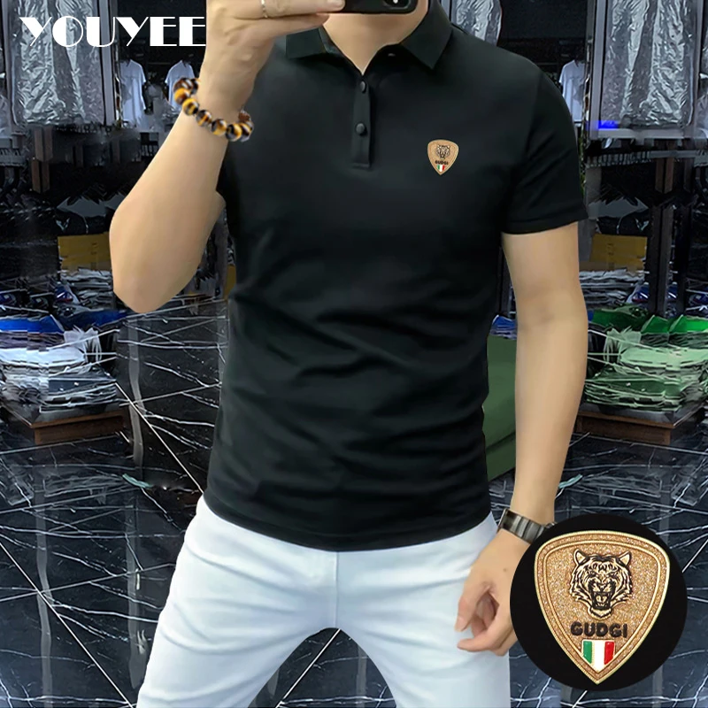 Men\'s Solid Color Casual Polo T-shirt Logo Decorate Candy Bright Color Male Lapel Polo Tops High Quality High Grade Man Clothing