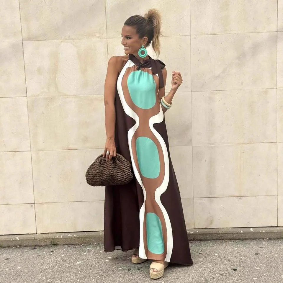 Casual Print Halter Neck Leace-up Long Dresses Women Summer New Vacation Style Loose Maxi Dress Female Vintage Commuting Vestido - Detail 1