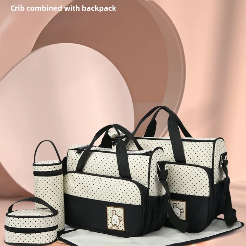 

5-piece Stylish Portable Mother and Baby Bag with Built-in Diaper Pad Independent Bottle Compartment Large Capacity Mother Bag