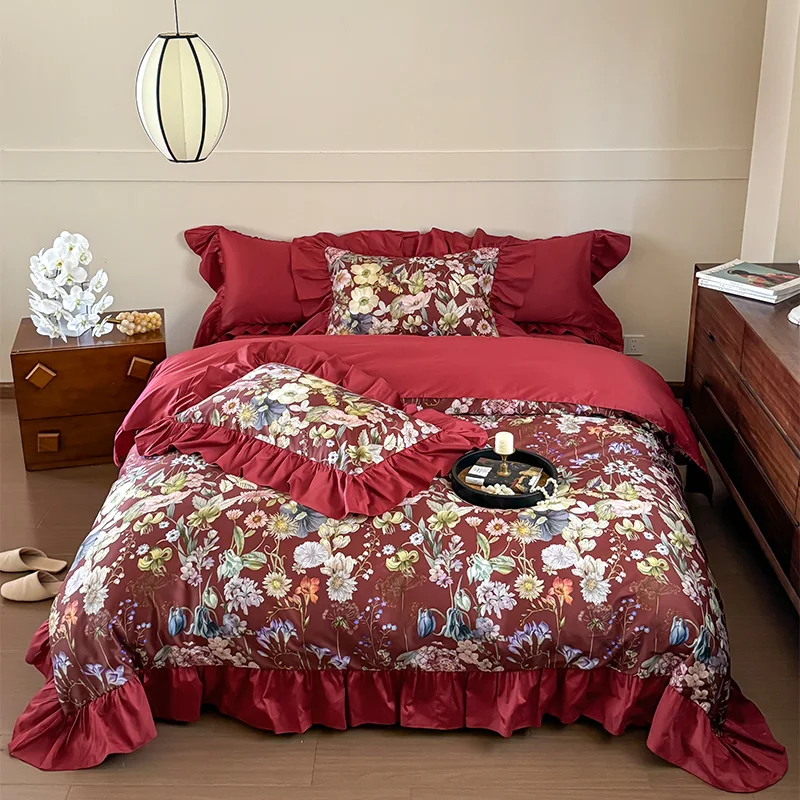 

600TC Egyptian Cotton Flowers Print Ruffles Princess Bedding Set Queen King Size Duvet Cover Flat/Fitted Sheet Pillowcases 4Pcs