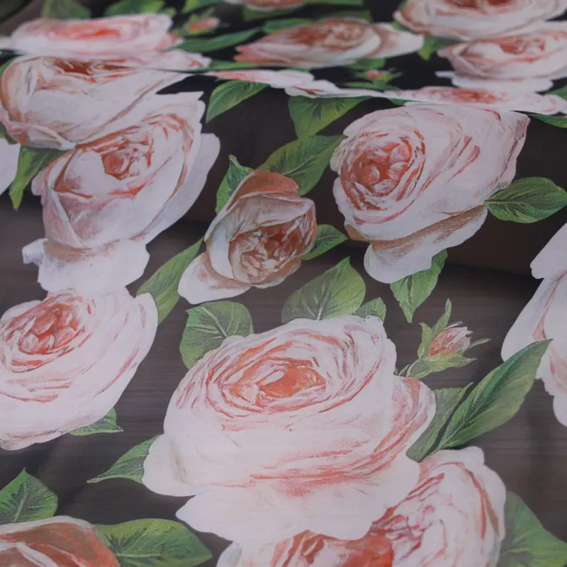 Peony Rose Chiffon Polyester Printed Fabric for Dress Italian Brand Thin Clothing DIY Shirt Cloth for Sewing by the Yard Materi