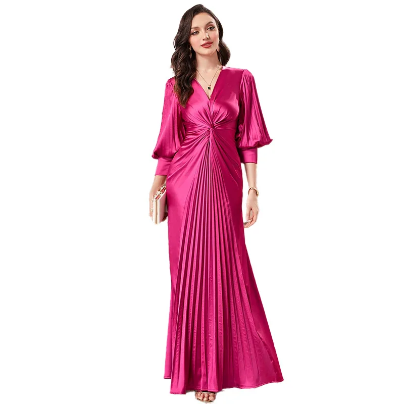 

Women Elegant Evening Party Dress Luxury V-Neck Maxi Dress Lantern Long Sleeve Arabic Turkish Style Formal Banquet Robe Dress