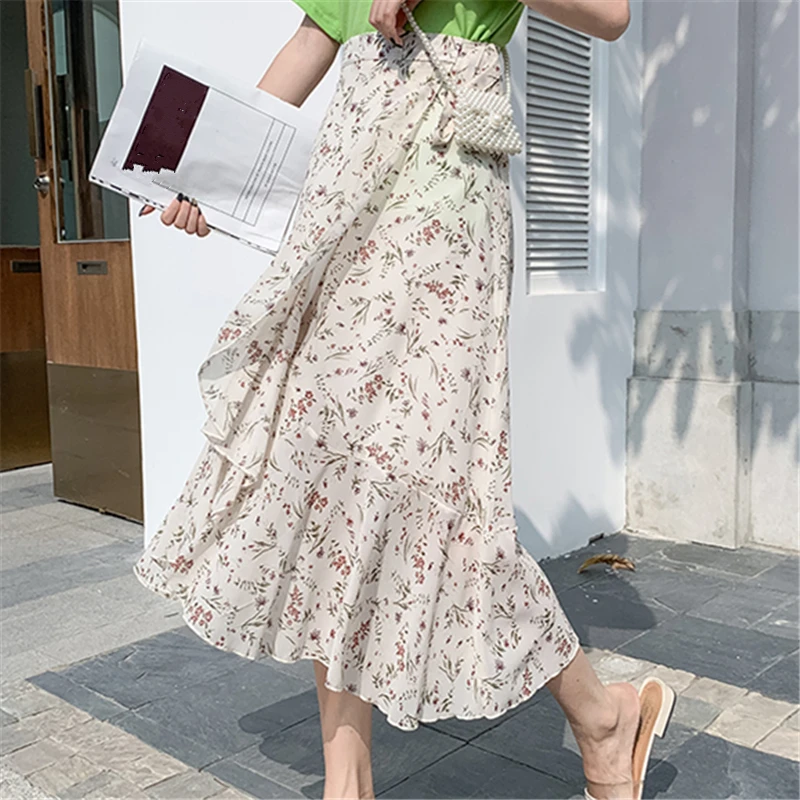 Einteilige binden Frauen Chiffon Blumen röcke hohe Taille elegante Chiffon gedruckt lässige Midi A-Linie Röcke weiblich 2024 neu