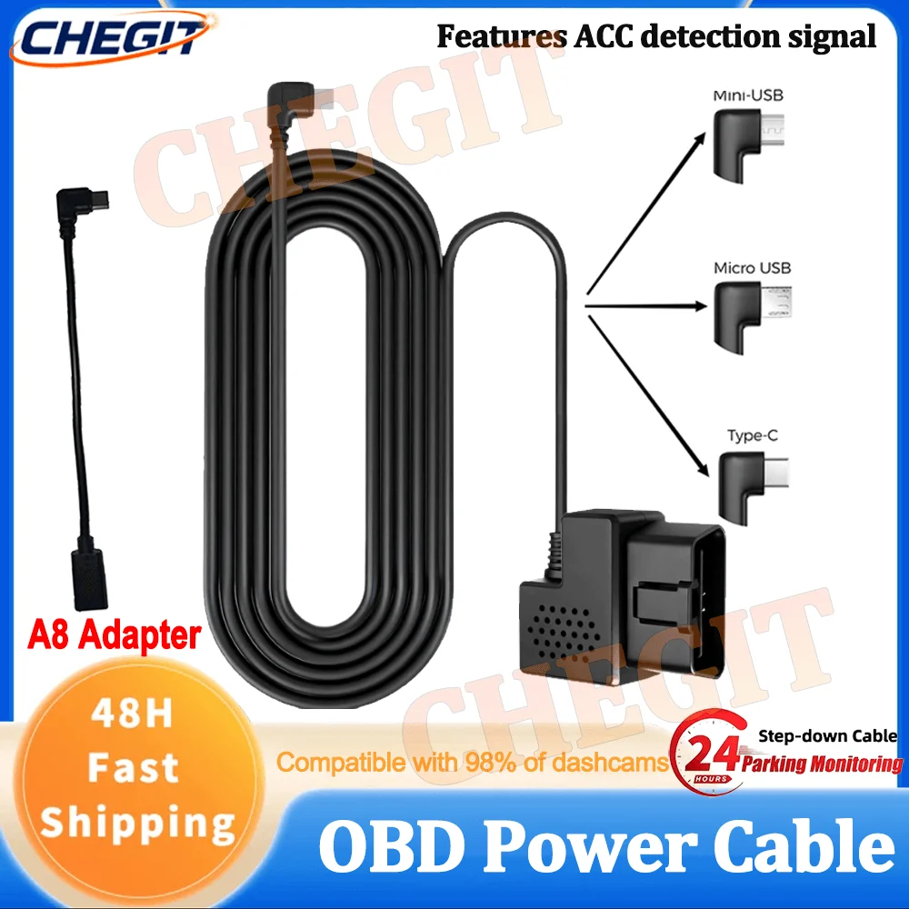 OBD Hardwire Kit for Dash Cam with Type C Port 12V-24V to 5V Power Cable Low Voltage Protection Parking Mode Support
