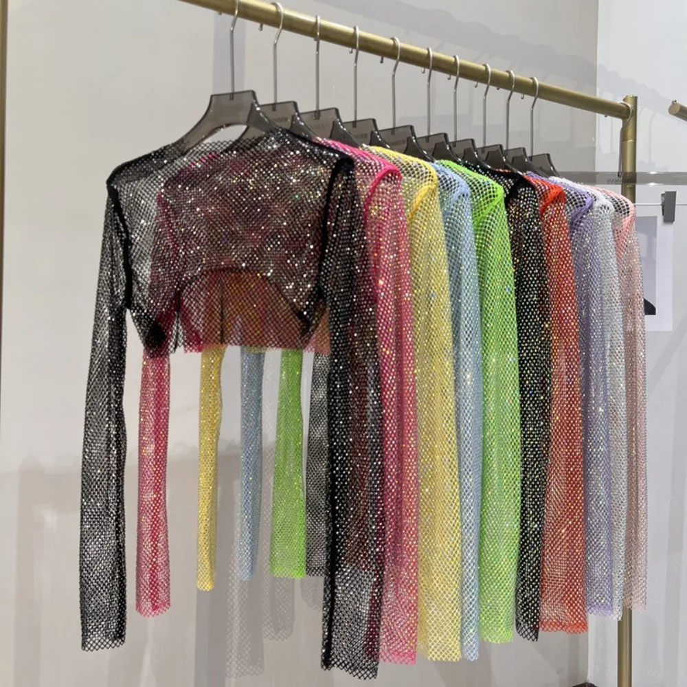 

Feminine Sexy Style Long Sleeve Crystal Rhinestone Hollowed Out Fishnet Cover Ups Party Clubwear Crop Without Tube Top Wholesale