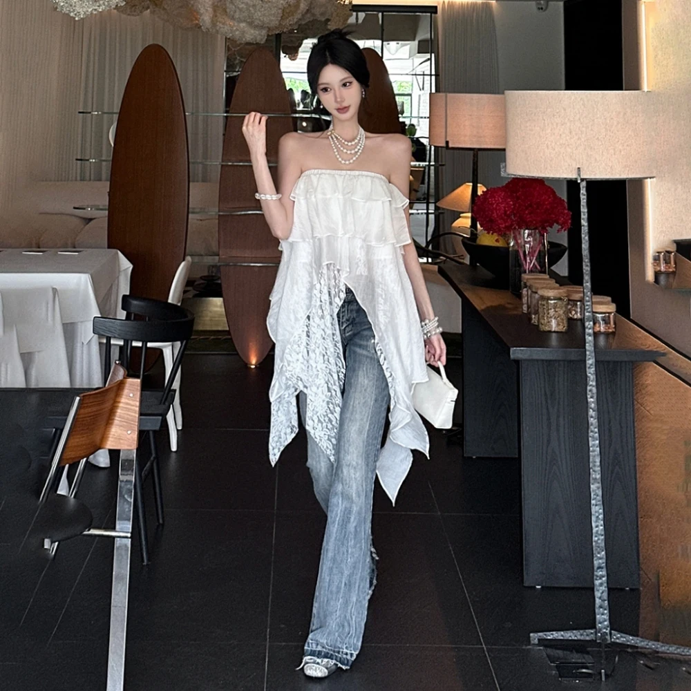 SylCue Ruched Elegantกระโปรงผู้หญิงY2Kสไตล์หวานElasticเอวตาข่ายPatchworkไม่สม่ําเสมอRuffles Hem Streetแฟชั่นกางเกง