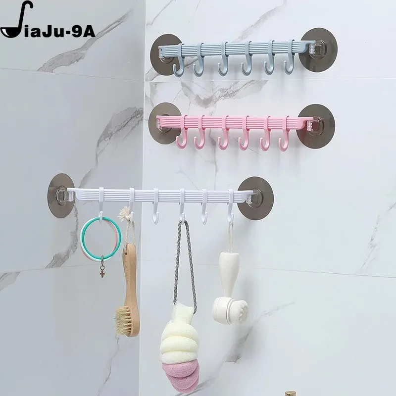 1pc Blue/White/Pink Suction Cup Type Hook 6 Rows for Kitchen Bathroom Corner Suspension Without Marks Hanger Hook