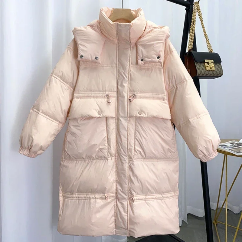 Autumn Winter New Mid-length Down Jacket Women's All-match Over-the-knee White Duck Down Thickened Bread Coat Overcoat