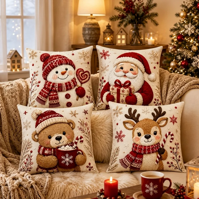 4 Pieces of Randomly Assorted Designs, 2D Flat Christmas-Themed Decorative Home Pillow Covers Featuring Snowman, Santa Claus, Bear, and Reindeer, Suitable for Living Room, Sofa, Bedroom, Car Decoration, Holiday Gifts,