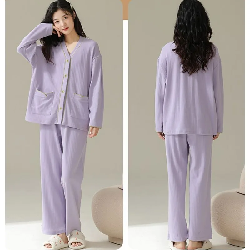 2024 New Pajamas Women Spring Autumn Pure Cotton Long-Sleeved Simple V-neck Sleepwear Set Female Casual Cardigan Homewear Suit