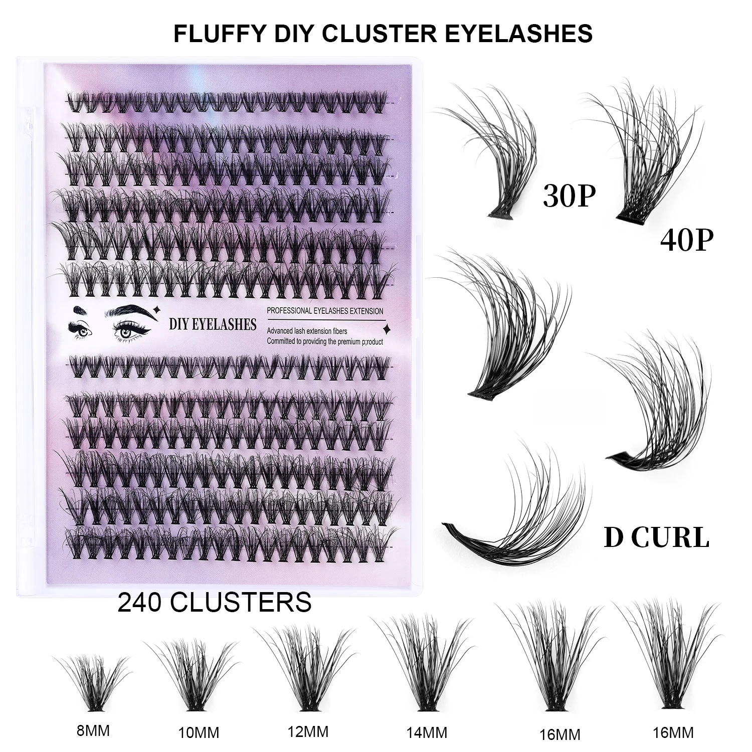 3D Effect 240pcs DIY Eyelash Extension Kit, Mascara, Eyelash Glue, Brush, Tweezers Kit (0.07mm-30D+40d-8-16mm Mixed Kit)