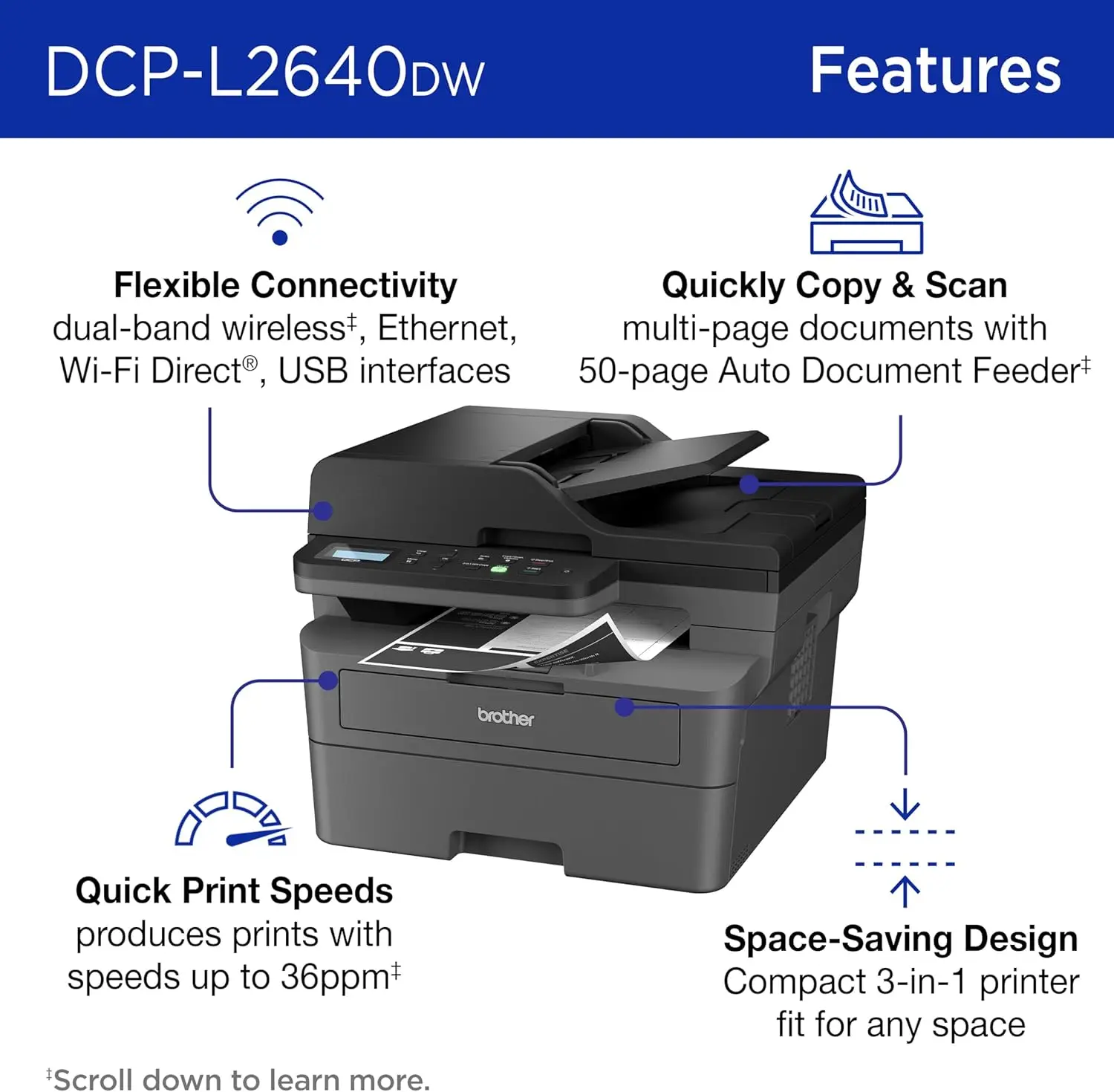 DCP-L2640DW طابعة ليزر لاسلكية مدمجة أحادية اللون متعددة الوظائف مع نسخ ومسح ضوئي، مزدوجة، متنقلة، أبيض وأسود #3