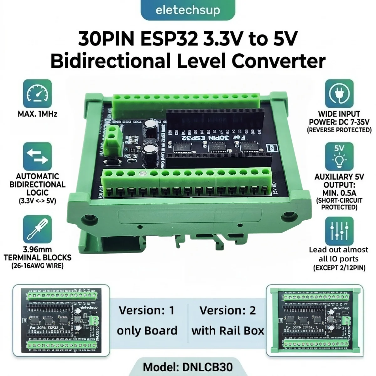 ESP32 30P DIN Rail Adapter, 3.3V to 5V Bidirectional Logic Level Shifter for Industrial PLC, 1MHz High Speed Level Converter