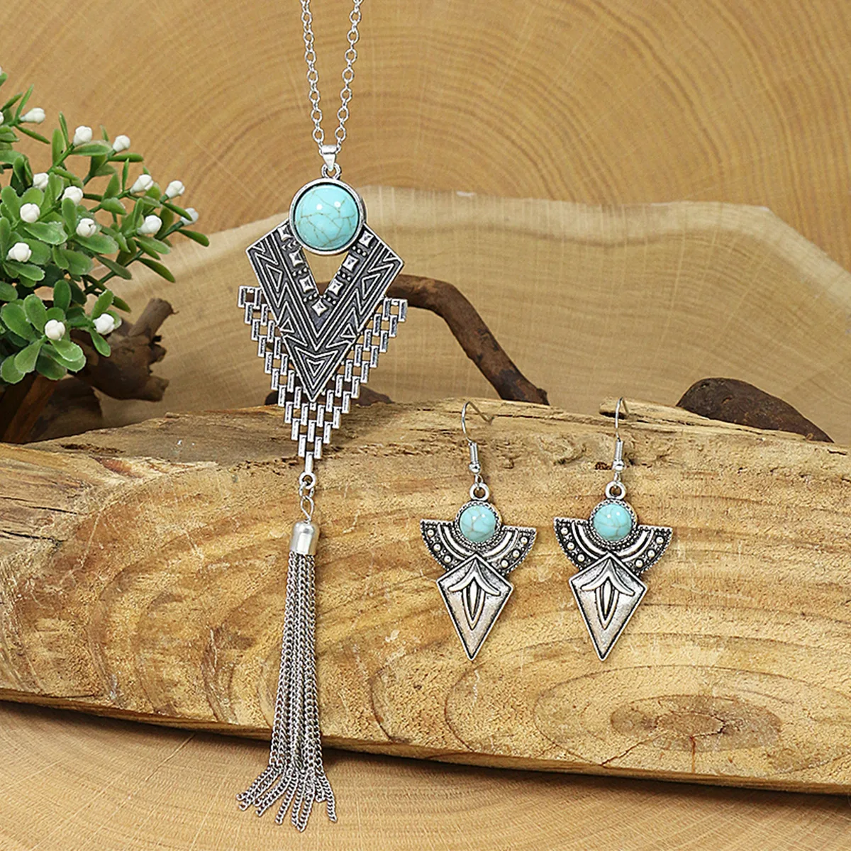 Ethnic Blue Stone Retro Chain Tassel Long Necklace Earring Turkish Gypsy Silver Color Geometric Carved Necklace for Women Party