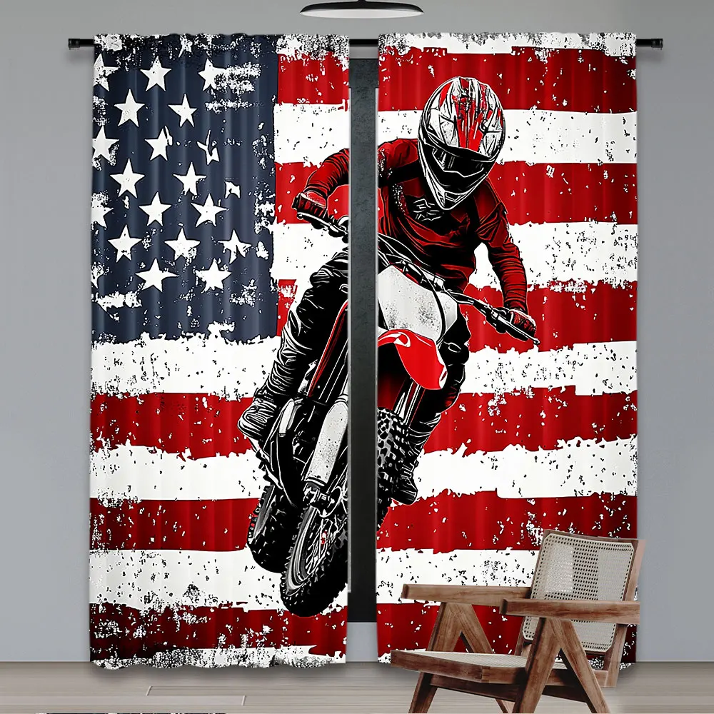 2Pcs American Flag Curtain Motocross Rider For United States Flag For Bedroom Living Room And Dining Room 29.53X65.35In,