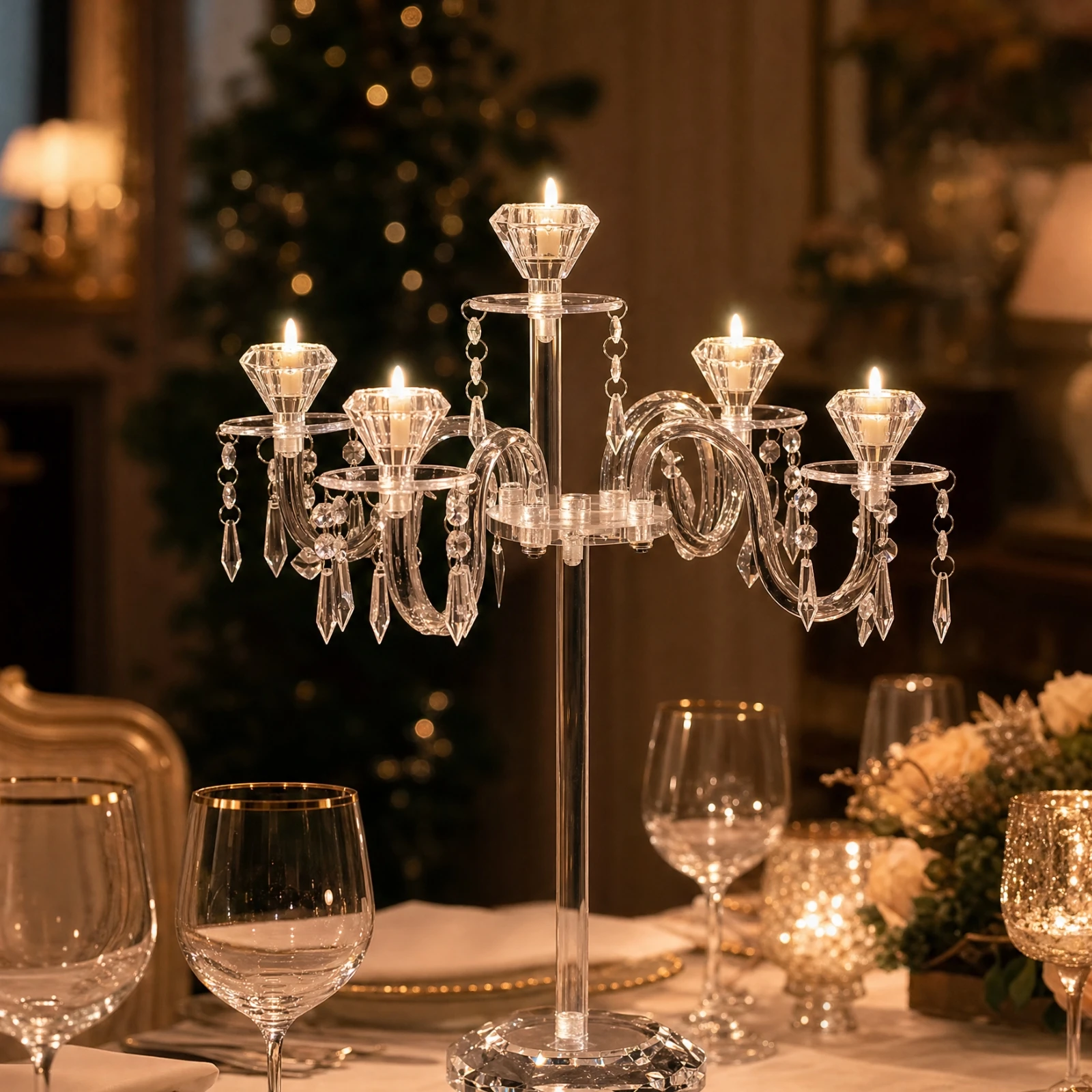 Candélabre avec pendentifs en cristal, porte-bougie transparent avec pendentifs en cristal, support de bougie décoratif, décor luxueux