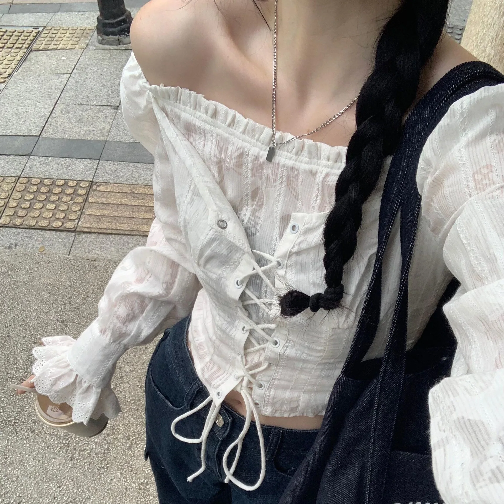 Sweet Lace-up Splicing Lace Design Unique Shirt 2026 Spring New Chic Temperament Top