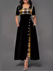 Women's Irregular Lattice Patchwork Long Dresses Vintage Buttons O Neck Half Sleeves Casual Lady Commuting Dress Fashion