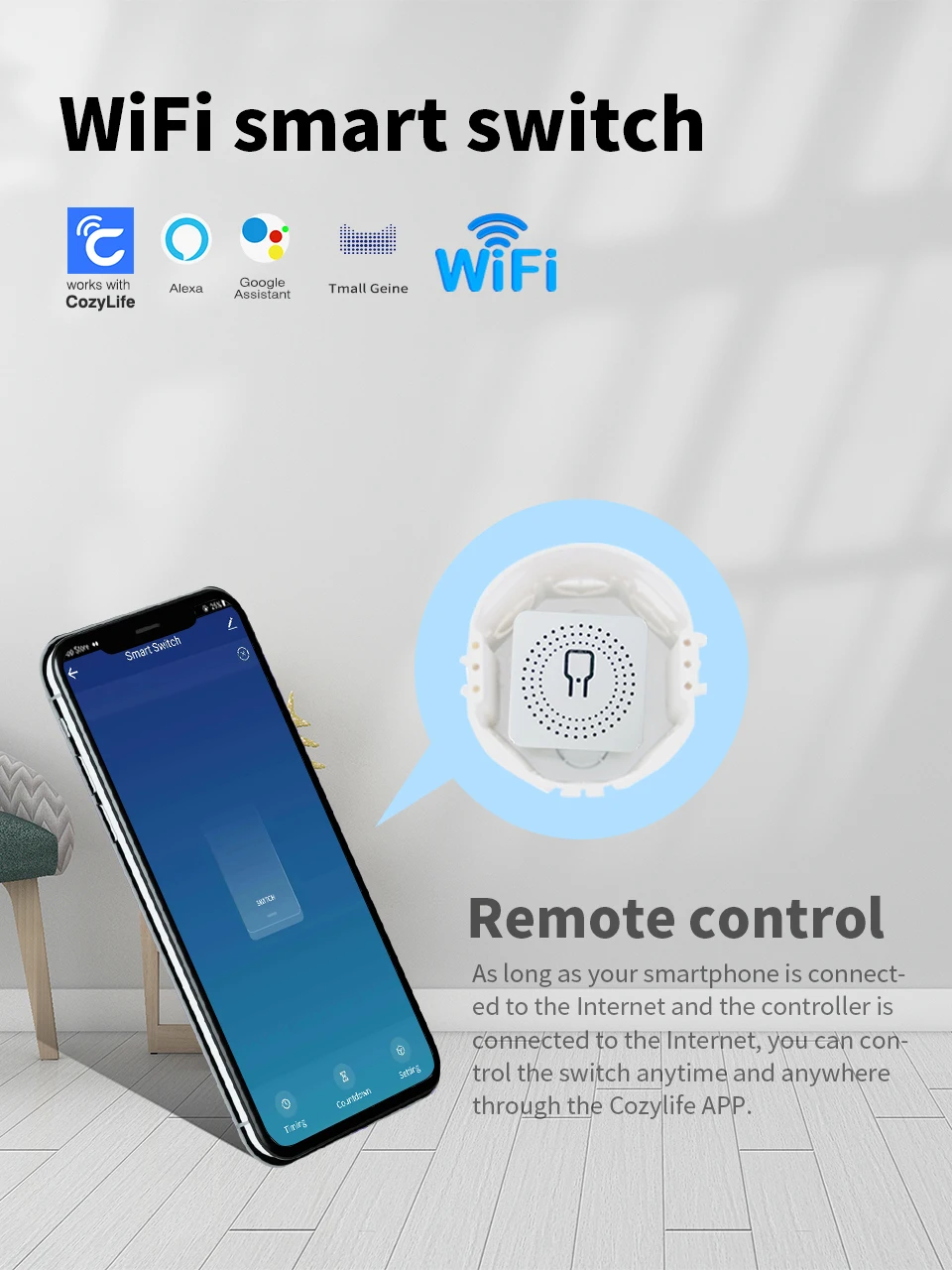 16A WiFi Smart Switch Circuit Breaker with Timer Compatible with Alexa Google Home Voice Control, Support CozyLife APP Control