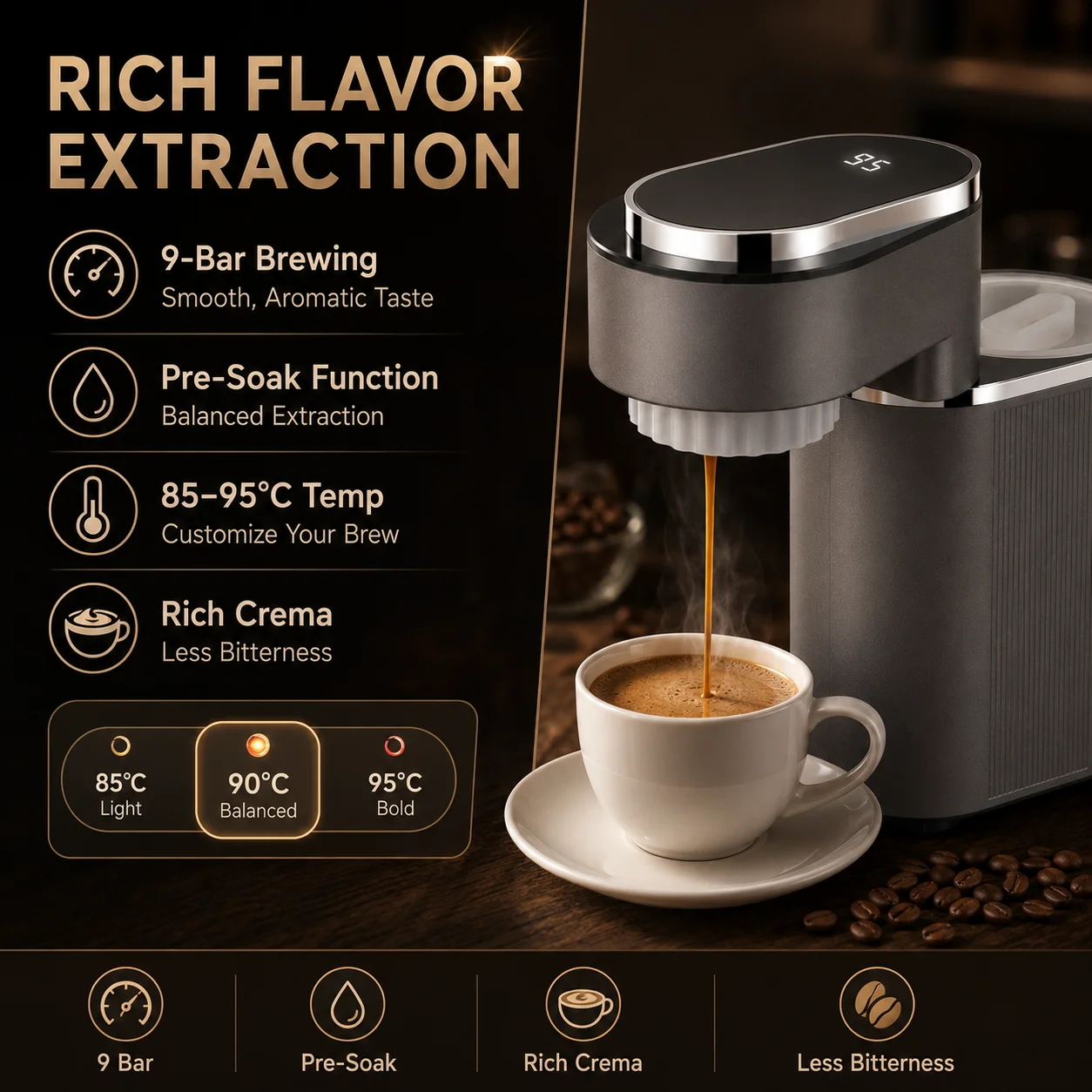 Macchina da Caffè Portatile Mini da 600W, Espresso Maker da Viaggio, Serbatoio da 150ml, Pre-infusione a Bassa Pressione 9 Bar, 185-203 ° Temperatura 