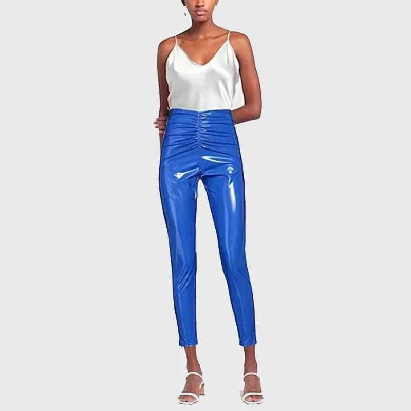 

Women Pleated Faux Leather Cropped Pants High Waist Faux Latex Bodycon PU Pants Custom Office Lady Faux Latex Slim Pencil Pants